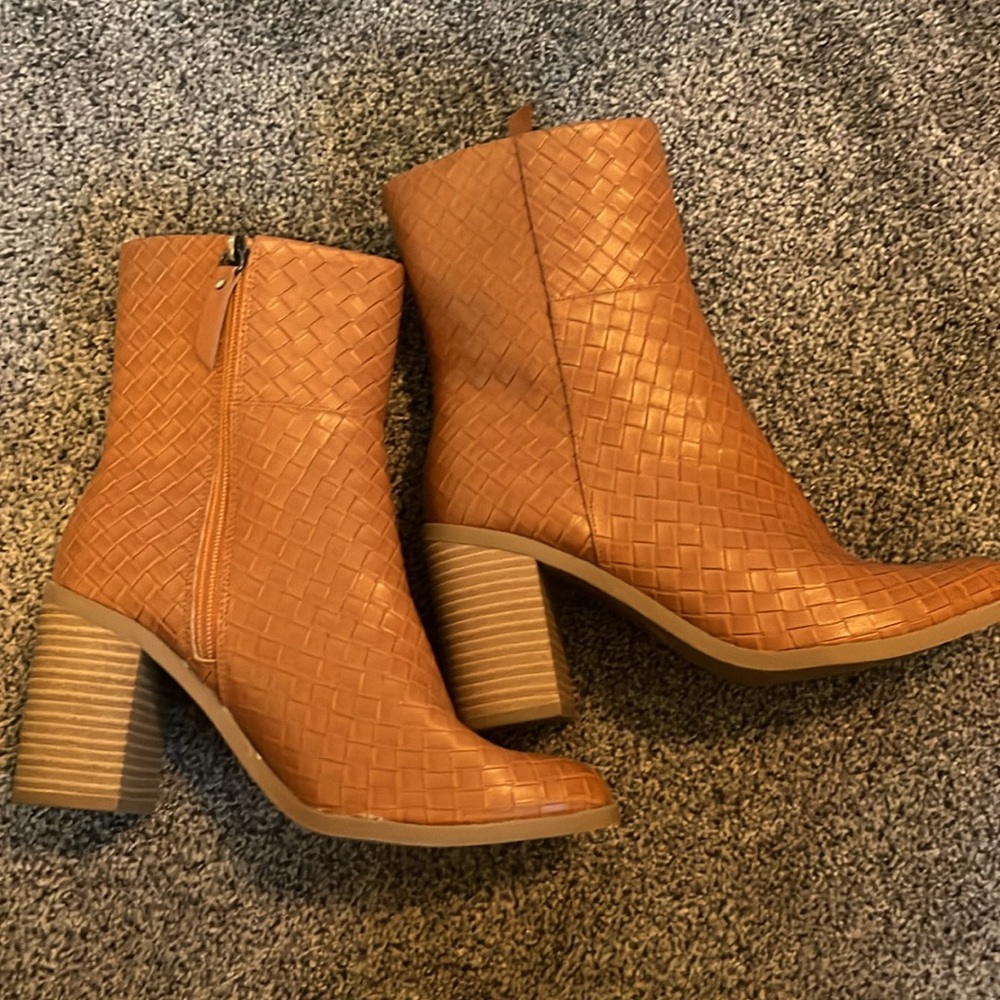 Woven Leather Ankle Boots - Tan